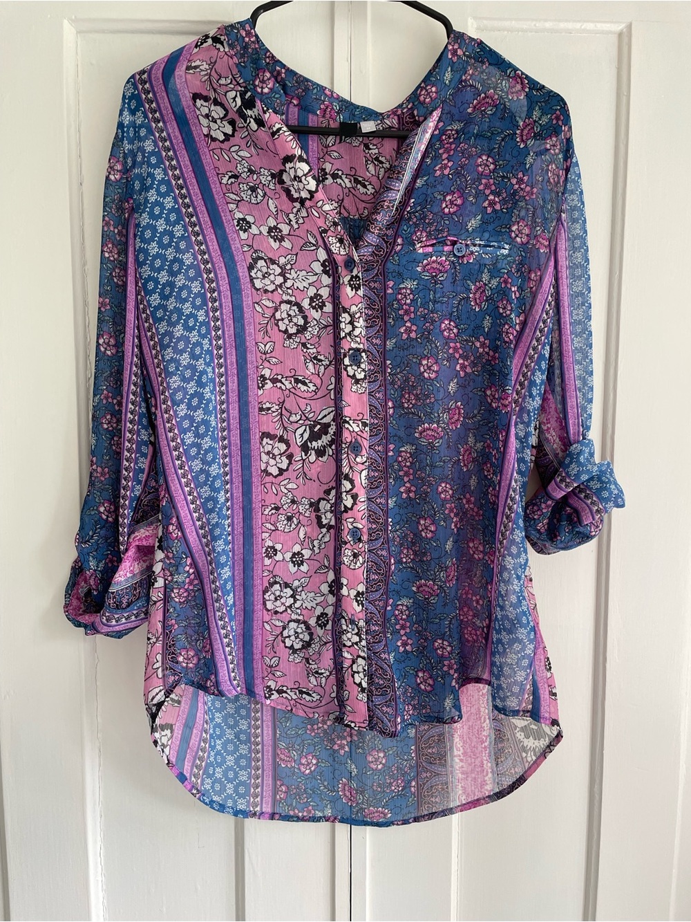 Kut From The Kloth Sheer Shirt Women’s Boho Floral Patchwork Button-Up Blouse